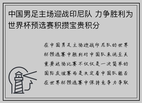 中国男足主场迎战印尼队 力争胜利为世界杯预选赛积攒宝贵积分