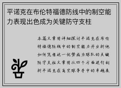 平诺克在布伦特福德防线中的制空能力表现出色成为关键防守支柱